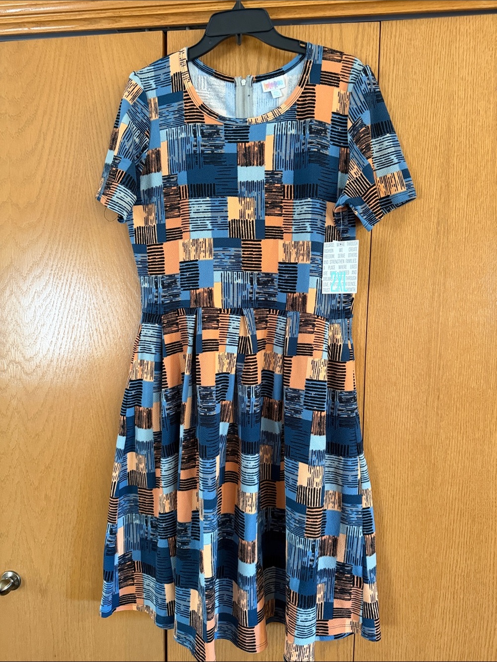 LuLaRoe Short Sleeve Fit & Flare Dress in Blue and Peach